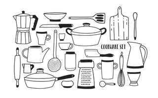 Hand drawn kitchen utensils and tools for cooking standing on shelves and hanging on hooks against white background. Drawing of cookware in monochrome colors. Vector illustration in doodle style.