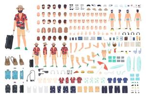 Tourist creation set or DIY kit. Collection of cartoon character's body parts, face with different emotions and skin colors isolated on white background. Vector illustration front, side, back view.