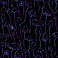 Psychedelic seamless pattern with Psilocybin or hallucinogenic mushrooms hand drawn with colorful lines on black background. Modern vector illustration for fabric print, wallpaper, wrapping paper.