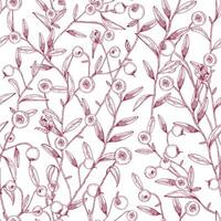 Beautiful seamless pattern with cranberries growing on stems with tiny leaves against white background. Texture with berries drawn in etching style. Vector illustration for wallpaper, textile print.