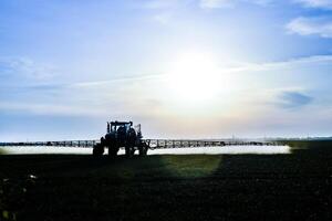 tractor con el ayuda de un rociador aerosoles líquido fertilizantes en joven trigo en el campo. foto