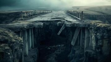 ai generado un roto y abandonado puente en un estéril paisaje debajo un oscuro cielo. foto