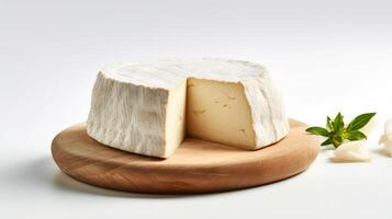 AI generated A wheel of cheese with a section cut out, displayed on a wooden board with garlic and basil. photo