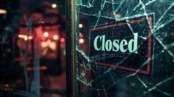 AI generated A shattered glass door with Closed sign business closed. photo