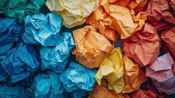 AI generated chaotic crumpled vibrant colored papers photo