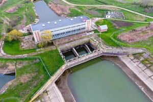 Water pumping station of irrigation system of rice fields. View photo