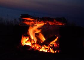 Hot chicken thighs on the fire at night on the beach photo