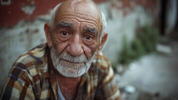 AI generated homeless old man wearing a plaid shirt, against a backdrop of a weathered wall and ground. photo