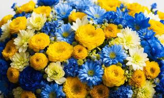 AI generated Close-up of blue, yellow and white chrysanthemum flowers in the background photo