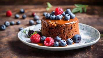 AI generated Chocolate cake with fresh blueberries and raspberries, selective focus photo