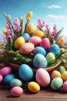 AI generated Colorful Easter eggs arranged among fresh tulips on a rustic wooden table photo