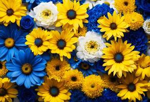 AI generated Close-up of blue, yellow and white chrysanthemum flowers in the background photo