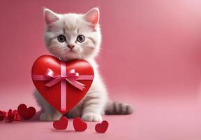 AI generated Valentine's Day background with cute kitten and red hearts photo