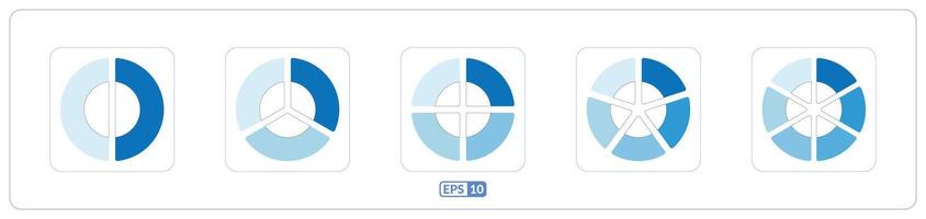 Circle style 2, 3, 4, 5 steps blue color pie charts set. Circle pie chart 2, 3, 4, 5 options infographics set vector