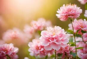 Beautiful pink flowers of Japanese camellia blooming in the garden photo