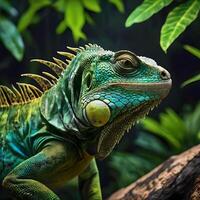 ai generado verde iguanas en el tropical selva foto