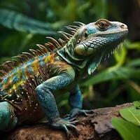 AI generated green iguanas in the tropical jungle. photo
