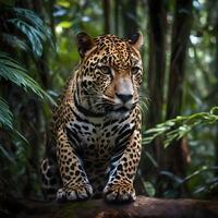 AI generated Jaguars inhabit jungles in Mexico, Central and South American. The jaguar is a large feline species native to the Americas.  Iit is the third-largest big cat in the world. photo