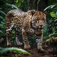 AI generated Jaguars inhabit jungles in Mexico, Central and South American. The jaguar is a large feline species native to the Americas.  Iit is the third-largest big cat in the world. photo