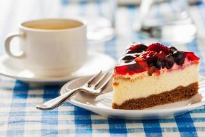 Cake on plate with fork and coffee cup photo