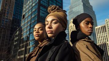 AI generated three strong independent woman worker in front of tall buildings photo