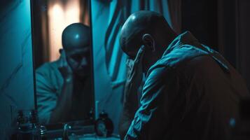 AI generated distress bald man sitting in front of a mirror facing mental illness, alzheimer, dementia, depression, grief photo