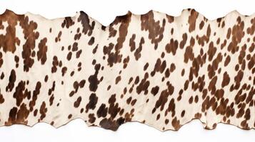 AI generated Animal rights concept A cowhide rug with a natural pattern of brown spots on a white background. photo