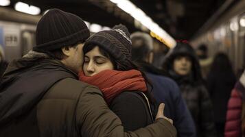 ai generado inmigrantes Pareja Espere a un subterraneo estación en invierno ropa foto