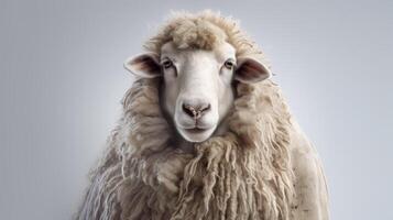 AI generated Animal rights concept A sheep with fluffy white fur on light background photo