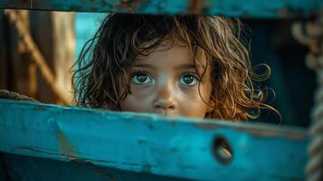 AI generated an immigrant child looking out of a cramped boat hopes and dreams in the eyes photo