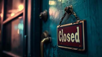 AI generated A Closed sign hangs on a blue door.business shutdown. photo