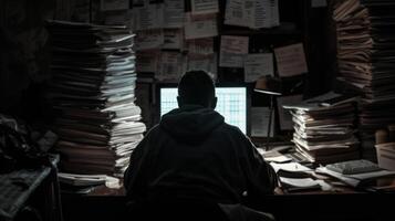 AI generated a man working on tax paperwork in a dark room with stacks of overdue bills photo