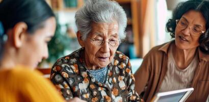 AI generated life long learning elderly enroll online course on a tablet with family members offering support. photo