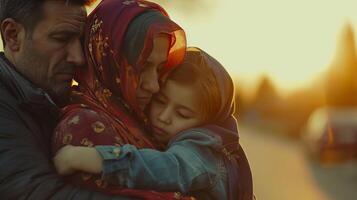 AI generated war immigrant family hug each other during sunset photo