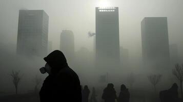 ai generado global calentamiento un ciudad horizonte rascacielos con pesado niebla contaminación personas vistiendo máscara foto