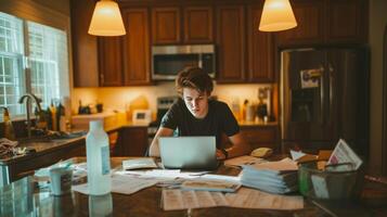 ai generado joven hombre gerente impuestos a hogar curioso a un ordenador portátil pantalla en cocina foto