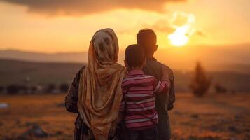 AI generated war immigrant family hug each other looking into sunset photo