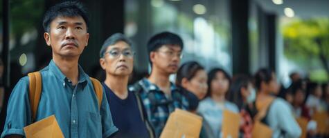 AI generated people waiting outside a government building with tax document n tax season photo