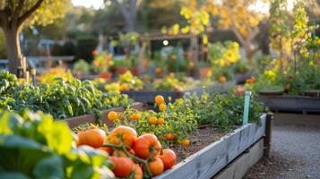 ai generado global calentamiento comunidad jardín con vistoso frutas y vegetales local comida foto