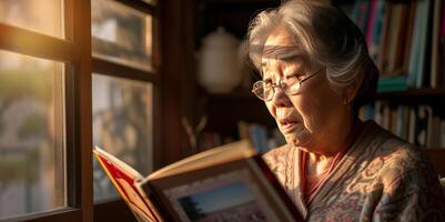 AI generated Aging Society old woman looking at a photo album near a window