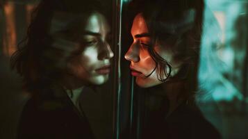 AI generated mental illness woman standing in front of a mirror with reflection identity crisis photo