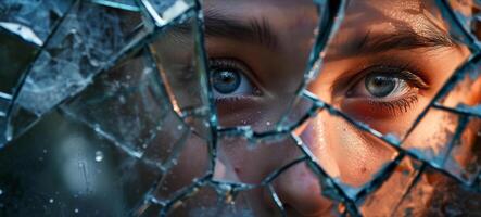 AI generated close up of psycho man face with broken mirror and sunlight mental illness photo