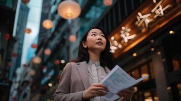 AI generated professional entrepreneur woman hold a document in a cityscape work life balance photo