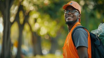 AI generated black volunteeer man collecting trash in park community cleanup making a positive impact photo