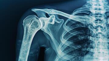 ai generado radiografía imagen de el hombro articulación y rodeando huesos foto
