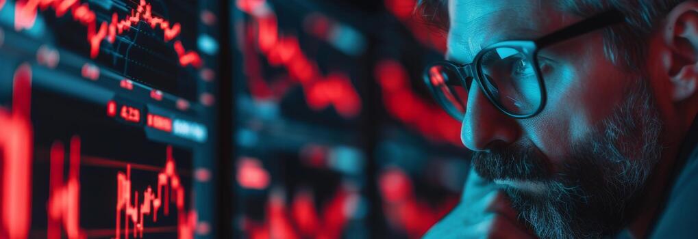 AI generated A Trader with a Blank Expression and a Computer Screen with Red Graphs. photo