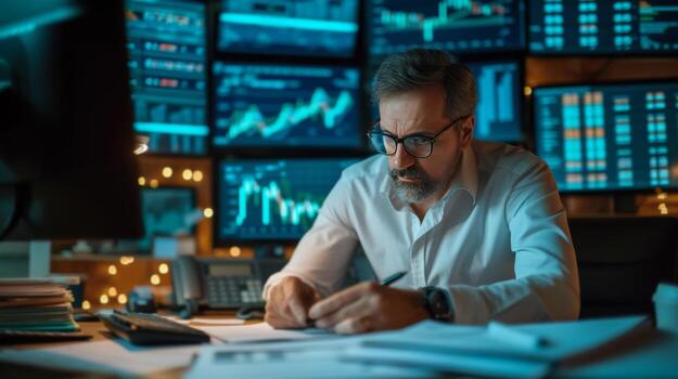 AI generated An Investor Analyzing Financial Reports and Market Data with Paperwork and Computer Screens. photo