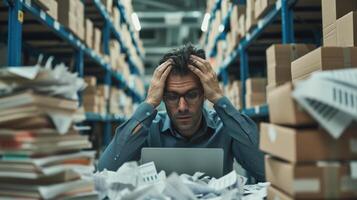 AI generated downturn financial trends businessman holding his head stacks of crumpled papers and a laptop financial setbacks photo