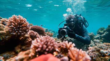ai generado marina ingeniero investigando coral arrecife biodiversidad y salud con submarino herramientas foto