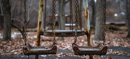 AI generated Abandoned playground with decayed Rusted swings and no children. photo